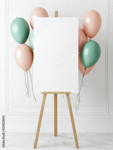 A clean and minimalist mockup featuring a blank canvas surrounded by delicate balloons and greenery, photo