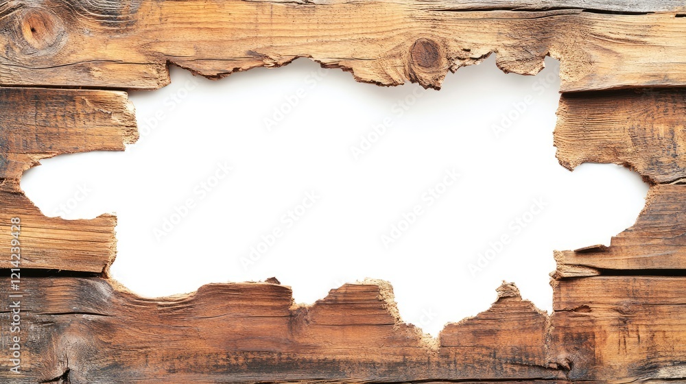Naklejka premium A detailed close-up of a hole in a wooden wall, the splintered edges contrasting with the white background