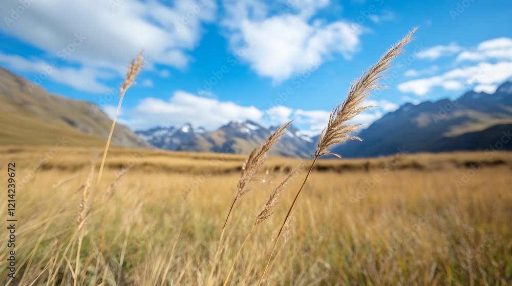 Fototapeta premium Peaceful Meadow with Tall Grasses Against a Mountain Backdrop under a Bright Blue Sky : Generative AI
