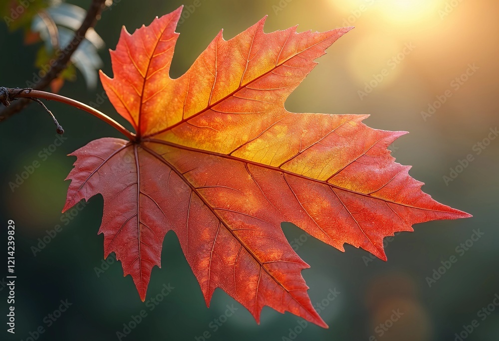 Vibrant Autumn Leaf Glowing Softly in the Warm Sunlight of a Fading Day. Generative AI Vibrant Autumn Leaf Glowing Softly in the Warm Sunlight of a Fading Day. Generative AI