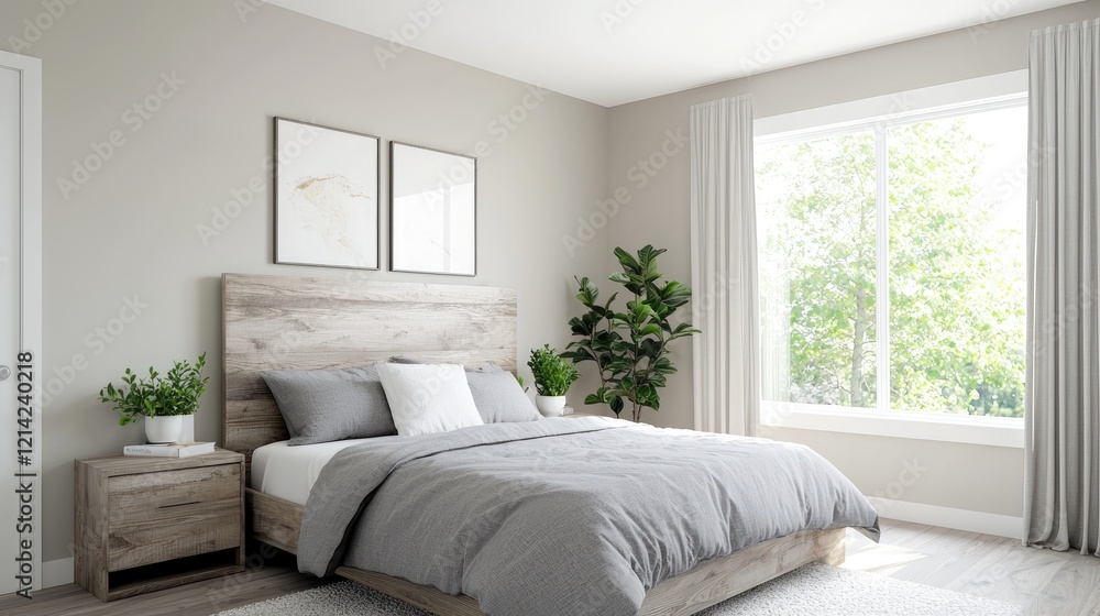 Fototapeta premium Modern bedroom interior design, calming grey tones, natural light, plants, peaceful atmosphere, home decor