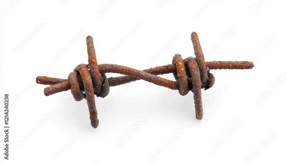 Rusty barbed wire close-up, isolated on white background, showcasing sharp details and aged textures for industrial or security themes Rusty barbed wire close-up, isolated on white background, showcasing sharp details and aged textures for industrial or security themes