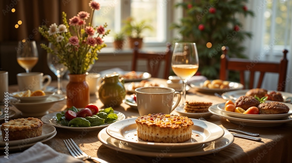 Cozy breakfast table setting with desserts and drinks in a warm home atmosphere Cozy breakfast table setting with desserts and drinks in a warm home atmosphere