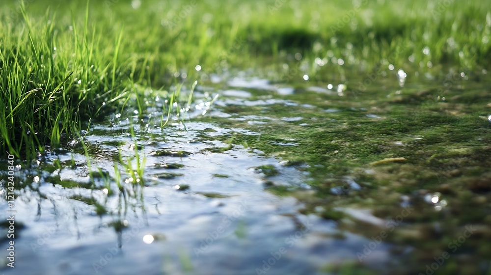 Close Up of Sparkling Stream Water Reflecting Sunlight with Vibrant Green Grass Growing Along the Edge : Generative AI Close Up of Sparkling Stream Water Reflecting Sunlight with Vibrant Green Grass Growing Along the Edge : Generative AI