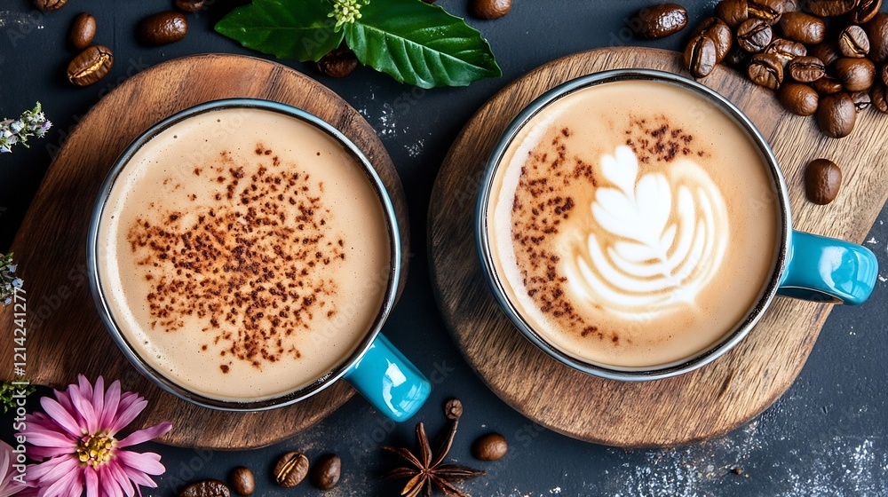 Two Cups of Coffee on Rustic Wooden Tray Surrounded by Coffee Beans and Flowers : Generative AI Two Cups of Coffee on Rustic Wooden Tray Surrounded by Coffee Beans and Flowers : Generative AI
