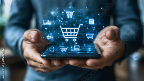 Digital Shopping Cart: A close-up of a man's hands holding a smartphone, showcasing a glowing blue shopping cart icon surrounded by other e-commerce related symbols. photo