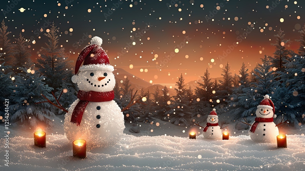 Obraz premium A snowman-building contest becomes a community event in this cheerful flat design scene