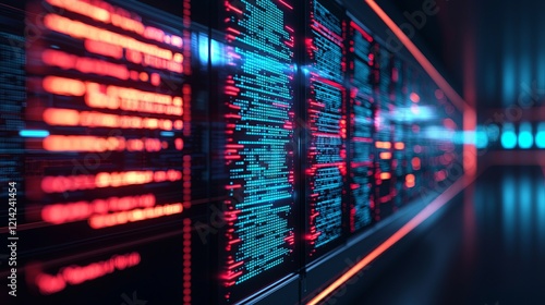 A futuristic digital display with vibrant red and blue data streams  representing advanced technology and data processing.