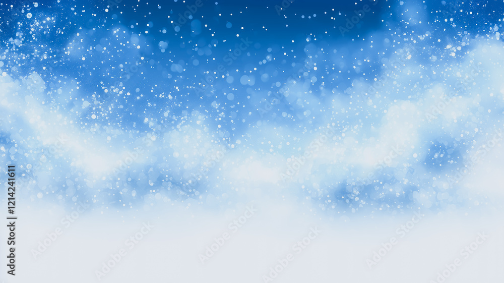 Obraz premium Celestial Snowfall: A breathtaking winter scene of sparkling snowflakes gently falling against a backdrop of serene blue skies and fluffy white clouds. A magical.
