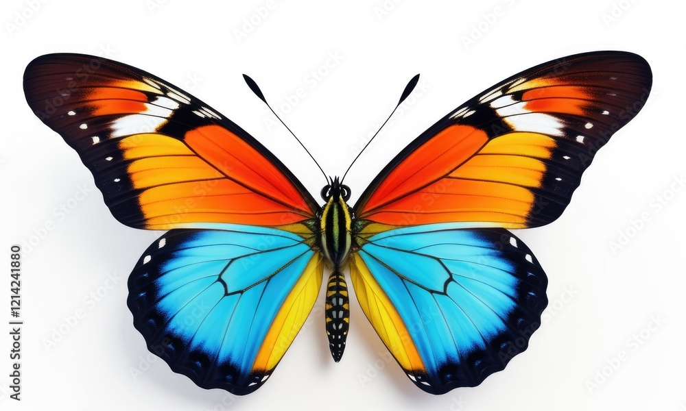 Obraz premium Vibrant multicolored butterfly with symmetrical wings on white background
