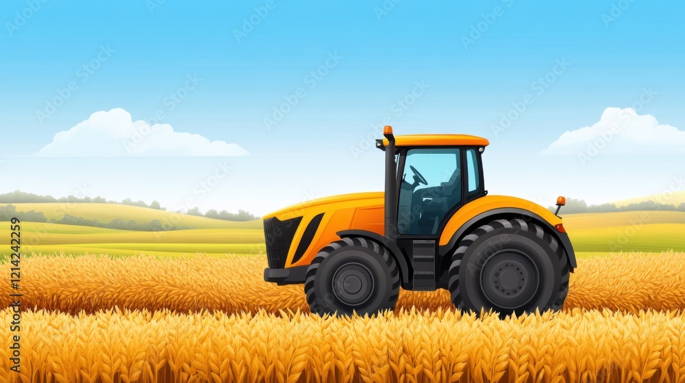 Bright Orange Tractor on Golden Wheat Field Under Clear Blue Sky in Vibrant Agricultural Landscape Bright Orange Tractor on Golden Wheat Field Under Clear Blue Sky in Vibrant Agricultural Landscape