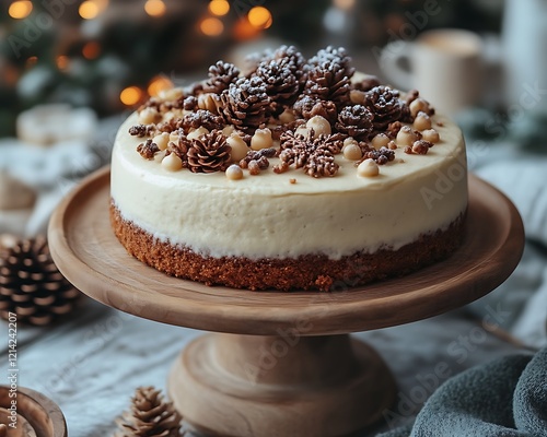 Creamy cheesecake with pine cone decoration on wooden cake stand. photo