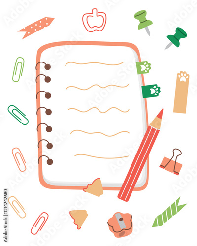 Vector illustration of notepad and stationery with cute paw tabs, Ideal for school, office or planning projects, suitable for digital or print use