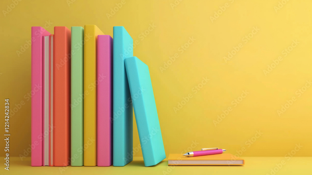 Colorful books stacked in a row on a yellow background Colorful books stacked in a row on a yellow background