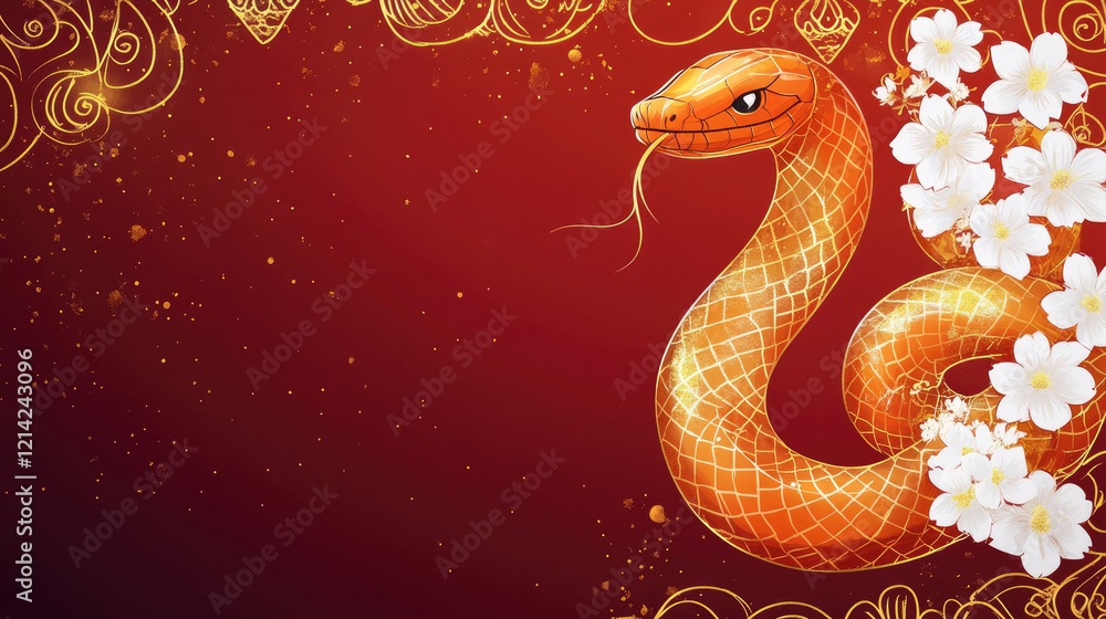 Golden Japanese-Themed Design for Lunar New Year Cherry Blossoms, Clouds, Snake, Red Flowers, with Text Space. Golden Japanese-Themed Design for Lunar New Year Cherry Blossoms, Clouds, Snake, Red Flowers, with Text Space.