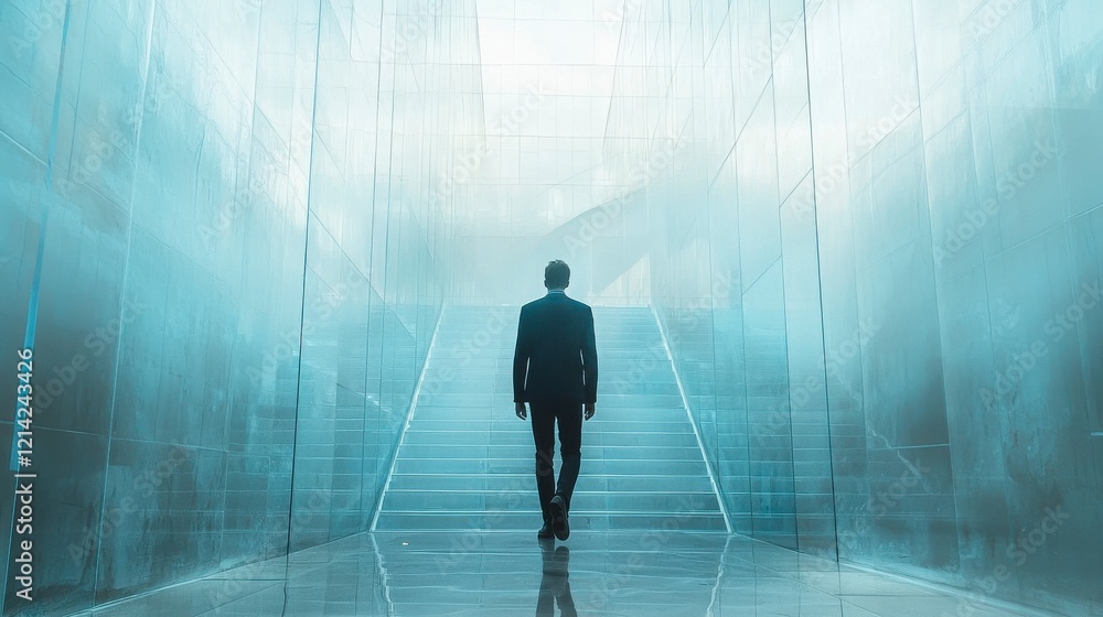 A silhouetted figure walks up a staircase in a modern and ethereal environment, showcasing themes of ambition, progress, and the journey toward goals in life. A silhouetted figure walks up a staircase in a modern and ethereal environment, showcasing themes of ambition, progress, and the journey toward goals in life.