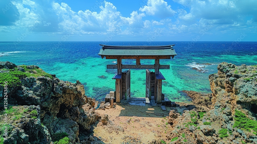 Coastal Torii Gate Overlooking Turquoise Ocean Waters Coastal Torii Gate Overlooking Turquoise Ocean Waters