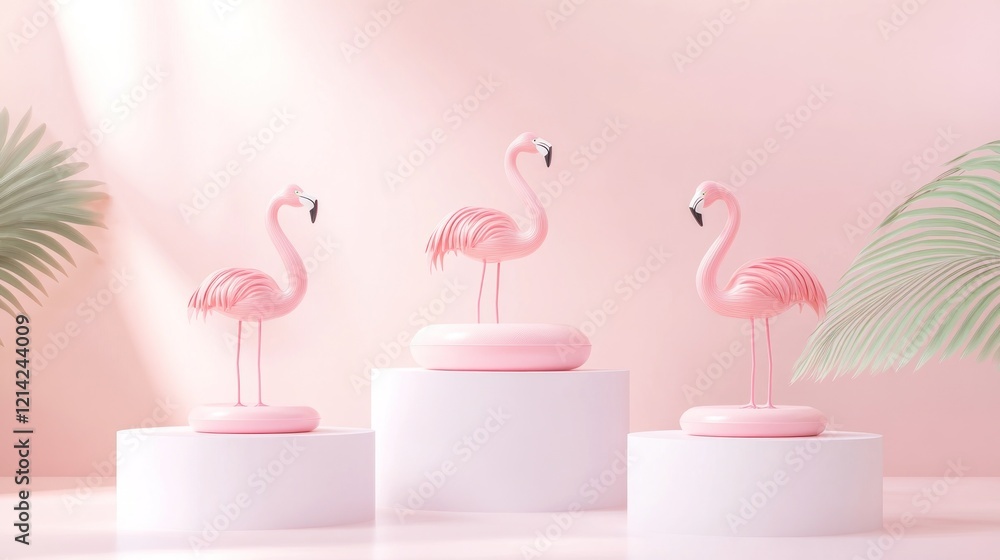 Pink flamingos on podiums, pastel background, summer Pink flamingos on podiums, pastel background, summer