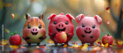 Three cartoon pigs are holding apples and smiling on blurred background photo