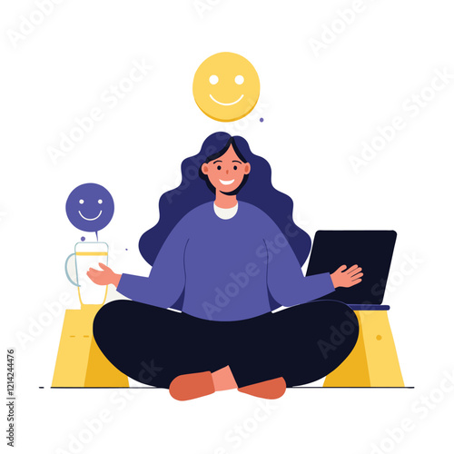 Happy woman working from home with a laptop and coffee