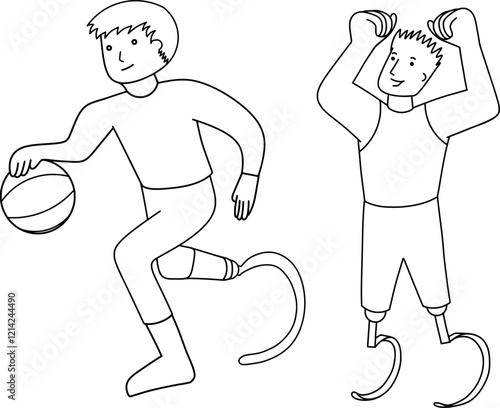 athlete with a disability using a prosthetic limb with a ball, doodle sketch