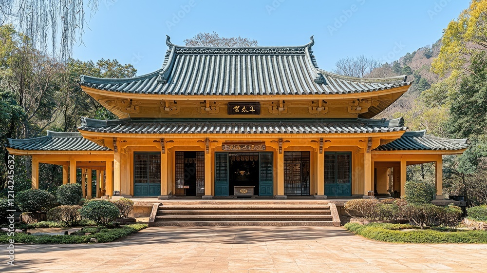 Elegant Yellow Temple Building Amidst Lush Greenery Elegant Yellow Temple Building Amidst Lush Greenery