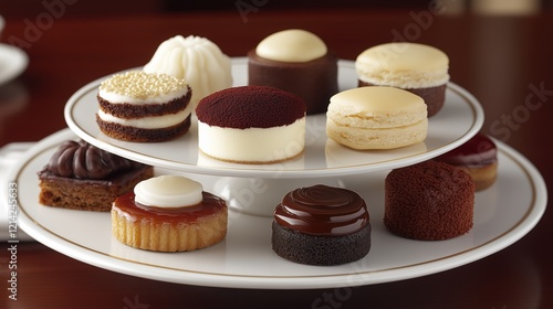 Delicious assortment of gourmet desserts served on a two-tier platter at an upscale restaurant during afternoon tea