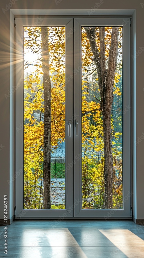 Fototapeta premium Warm sunlight spills into a room through a stylish double-glazed aluminum window, highlighting golden autumn leaves outside. The atmosphere is tranquil and inviting
