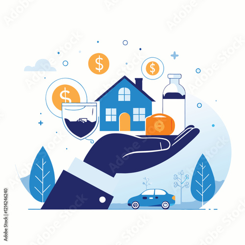 Hand Protecting Financial Security with Home Car and Money