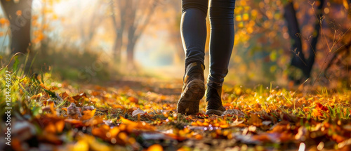 A person is walking through a forest with leaves on the ground