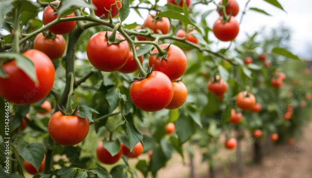 Obraz premium Ripe Red Tomatoes Growing On Vine In Garden