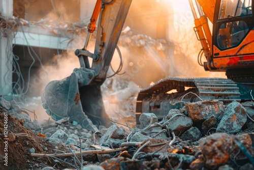 An excavator is tearing down a building at a construction site, involving heavy machinery, debris, and demolition work photo