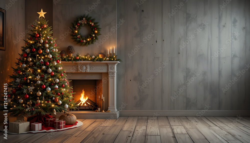 Holiday able with christmas tree and fireplace with copy space
Holiday able with christmas tree and fireplace with copy space