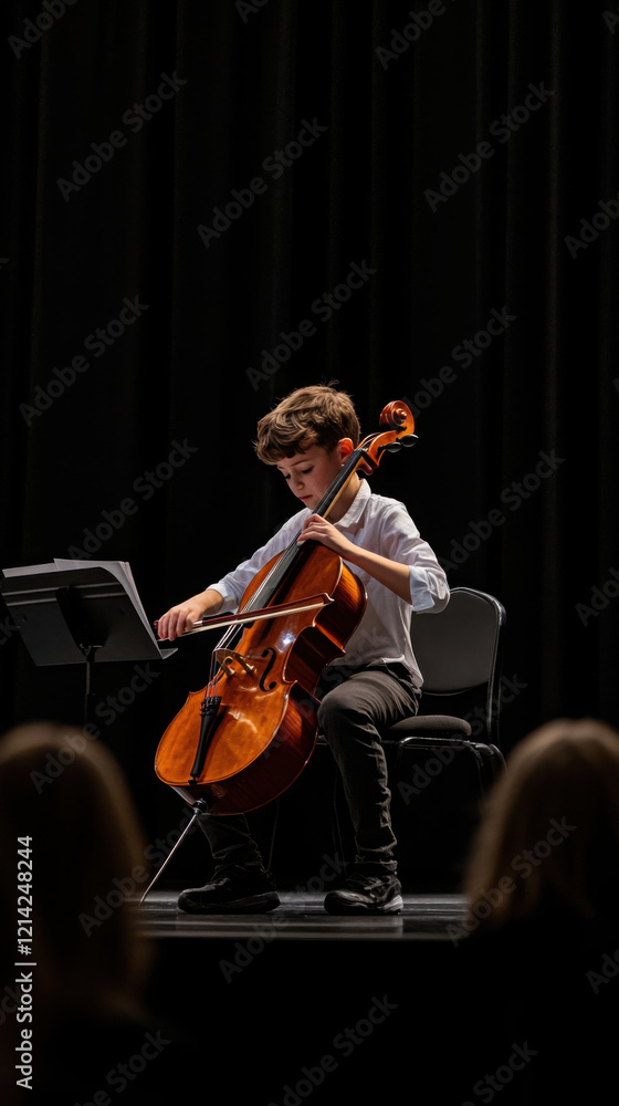 Fototapeta premium Talented young cellist performing a solo on stage at a concert