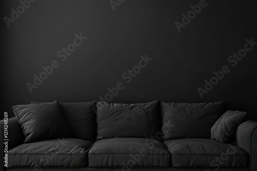 A modern black sofa with plush cushions against a dark wall, creating a minimalist and elegant interior design aesthetic.