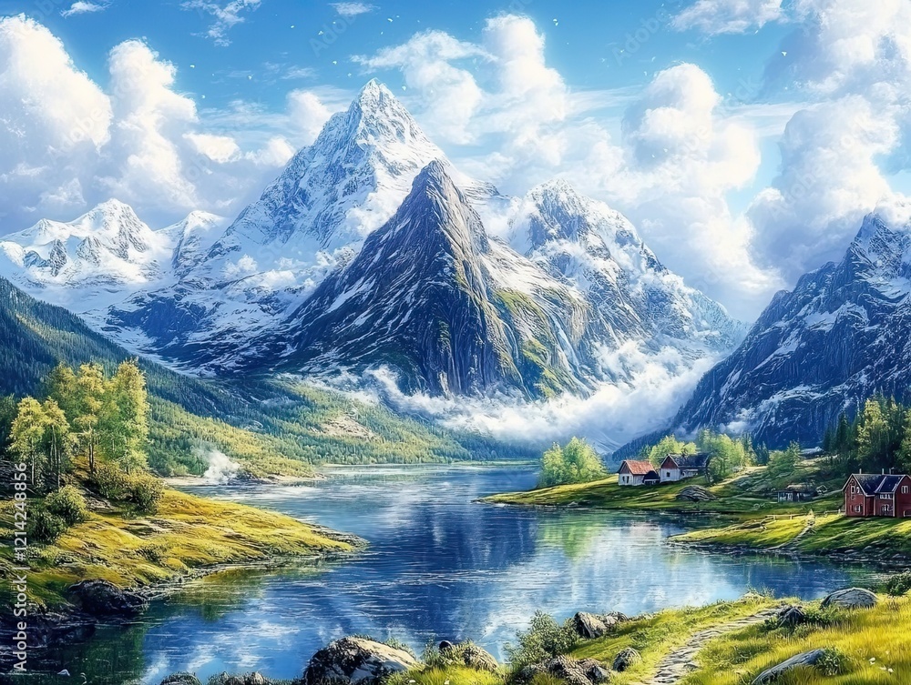 Fototapeta premium Majestic snow-capped mountains reflect in calm lake, valley village, sunny day, travel poster