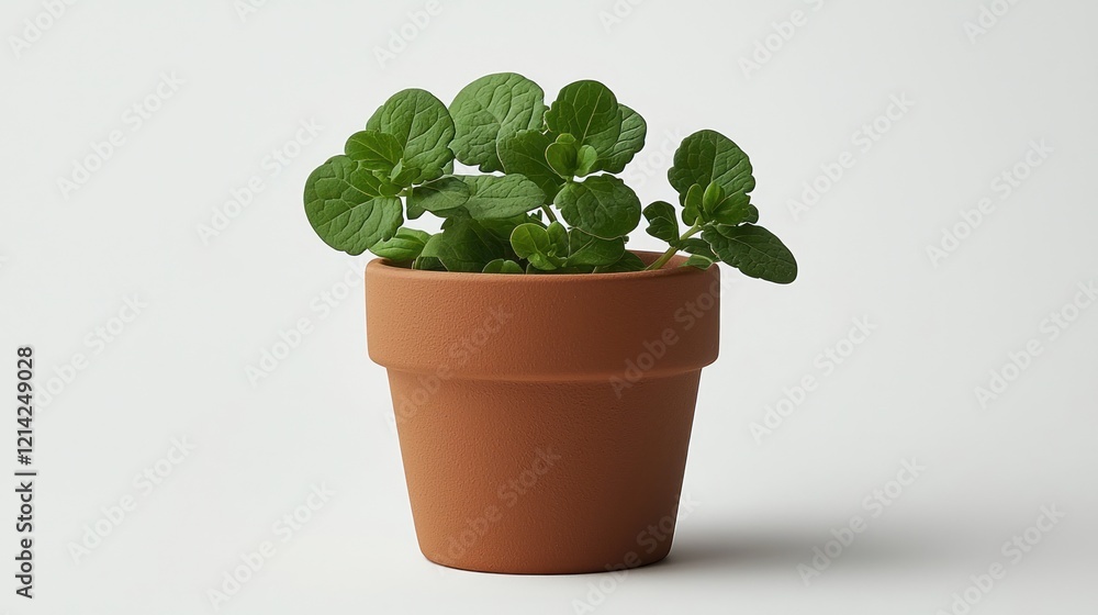 Vibrant Green Plant in Rustic Terracotta Pot against White Background Vibrant Green Plant in Rustic Terracotta Pot against White Background