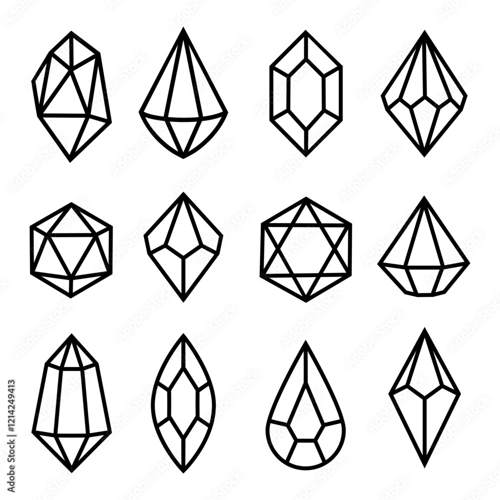 Set of crystals of different shapes. Vector linear illustration. Simple gemstones outline. Graphic symbol, logo, crystal icon. Set of crystals of different shapes. Vector linear illustration. Simple gemstones outline. Graphic symbol, logo, crystal icon.
