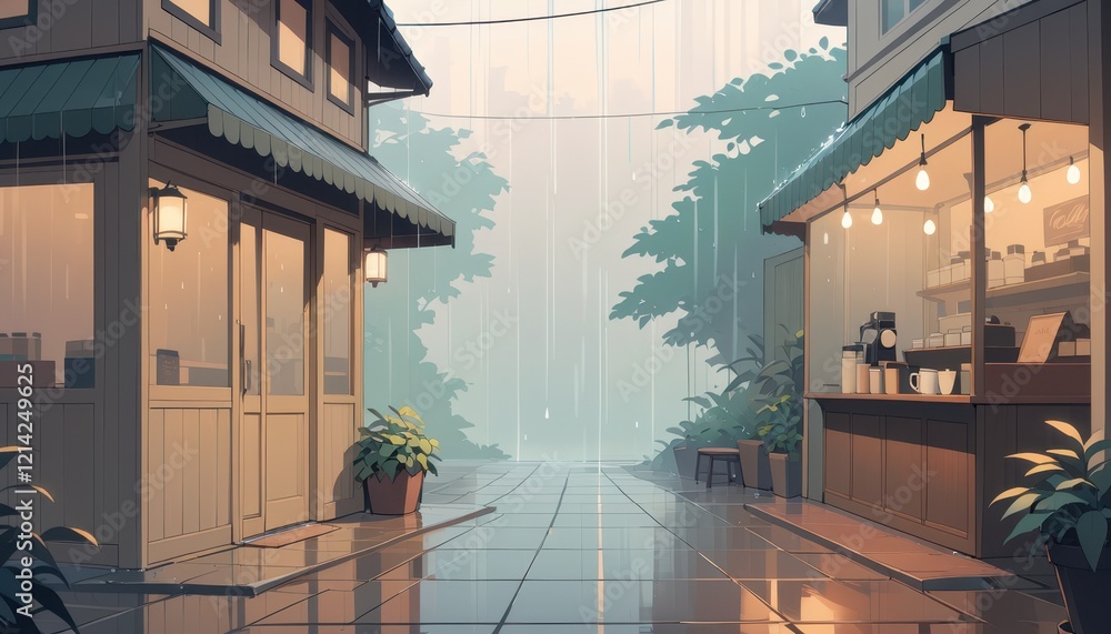 Fototapeta premium Rainy Day Alleyway Shops Coffee Shop Scene