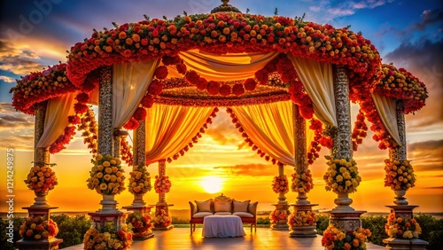 Silhouette of Indian Wedding Mandap Archway with Marigold & Rose Garlands