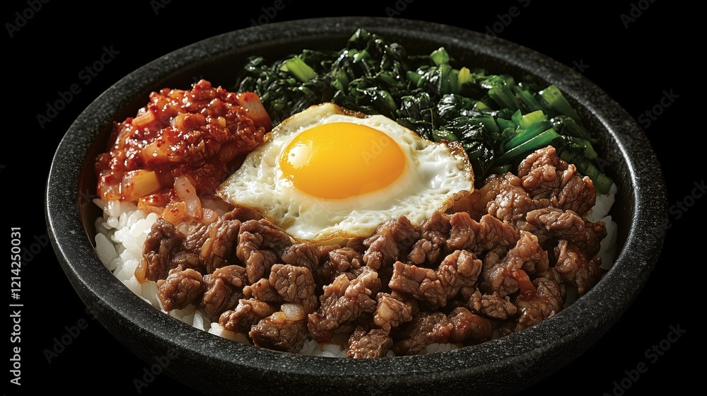 Delicious beef bibimbap served in a sizzling stone bowl with fresh vegetables and a fried egg on top