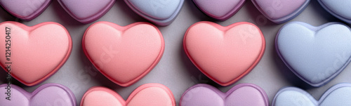 Heart shaped pastel candies in pink, lavender, and blue tones