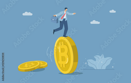 Male investor balancing on bitcoins, Risk and high volatility in the cryptocurrency market, Maintaining stability between losses and returns, Bitcoin trading market, Vector design.