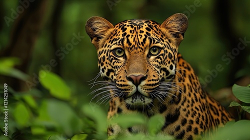 Leopard staring, jungle foliage background, wildlife photography, nature documentary