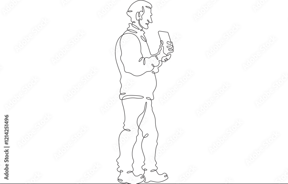 Continuous one line drawing old man with smartphone. Elderly man with tablet. Pensioner uses gadget. One continuous line isolated minimal illustration.Not AI. Continuous one line drawing old man with smartphone. Elderly man with tablet. Pensioner uses gadget. One continuous line isolated minimal illustration.Not AI.