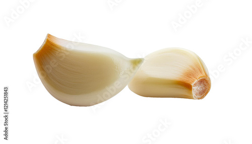Front view of isolated white peeled garlic cloves on white background. Ideal for culinary and health-related projects reflecting natural ingredients.