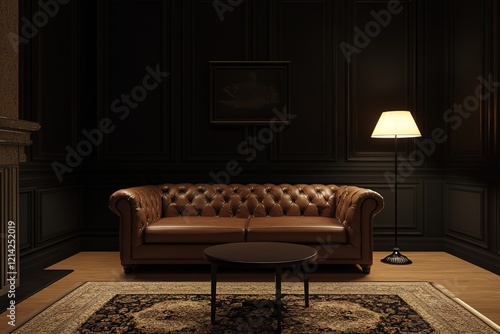 Classic modern black interior with brown leather chester capitone sofa
