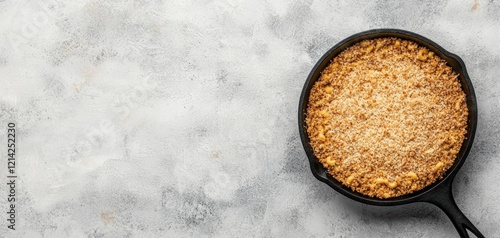 Gourmet macaroni and cheese served in a cast iron skillet, topped with melted cheddar and crispy breadcrumbs, an ultimate cheese lover s delight photo