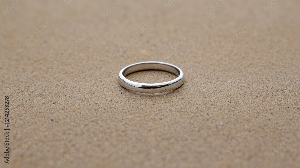 Simple silver band wedding ring on sand. Simple silver band wedding ring on sand.
