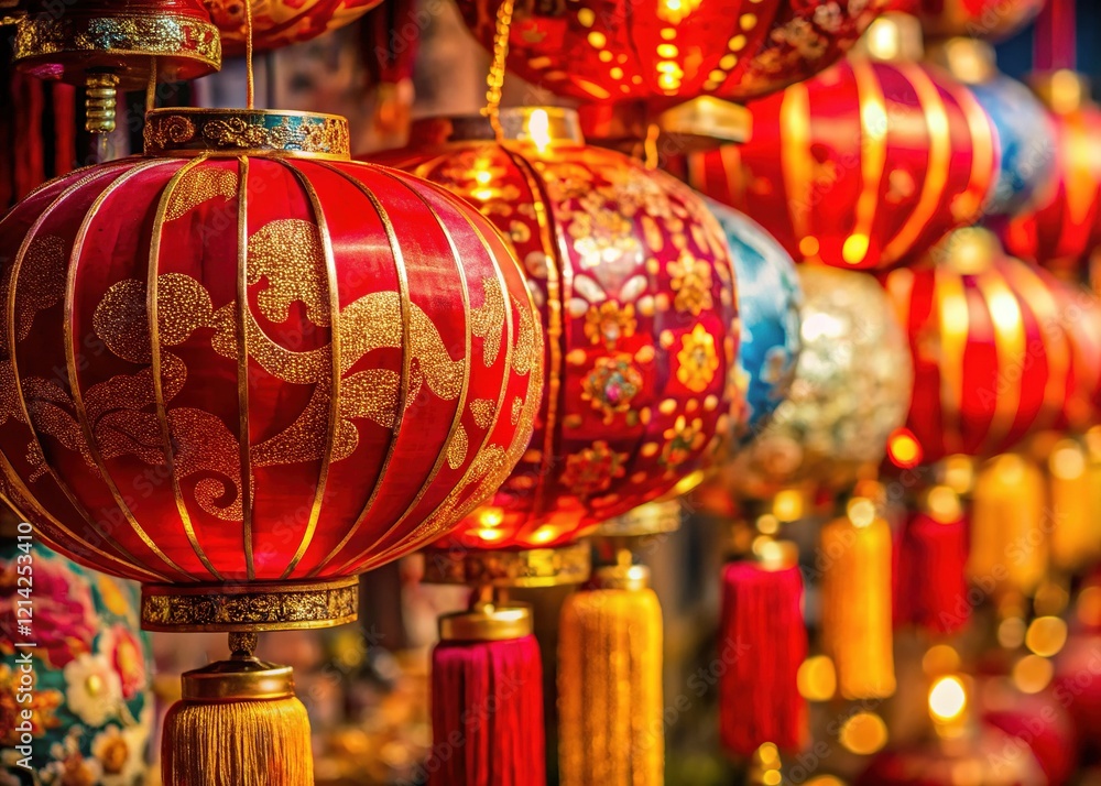 Fototapeta premium Vibrant Red & Gold Chinese Lanterns - Close Up Macro Photography